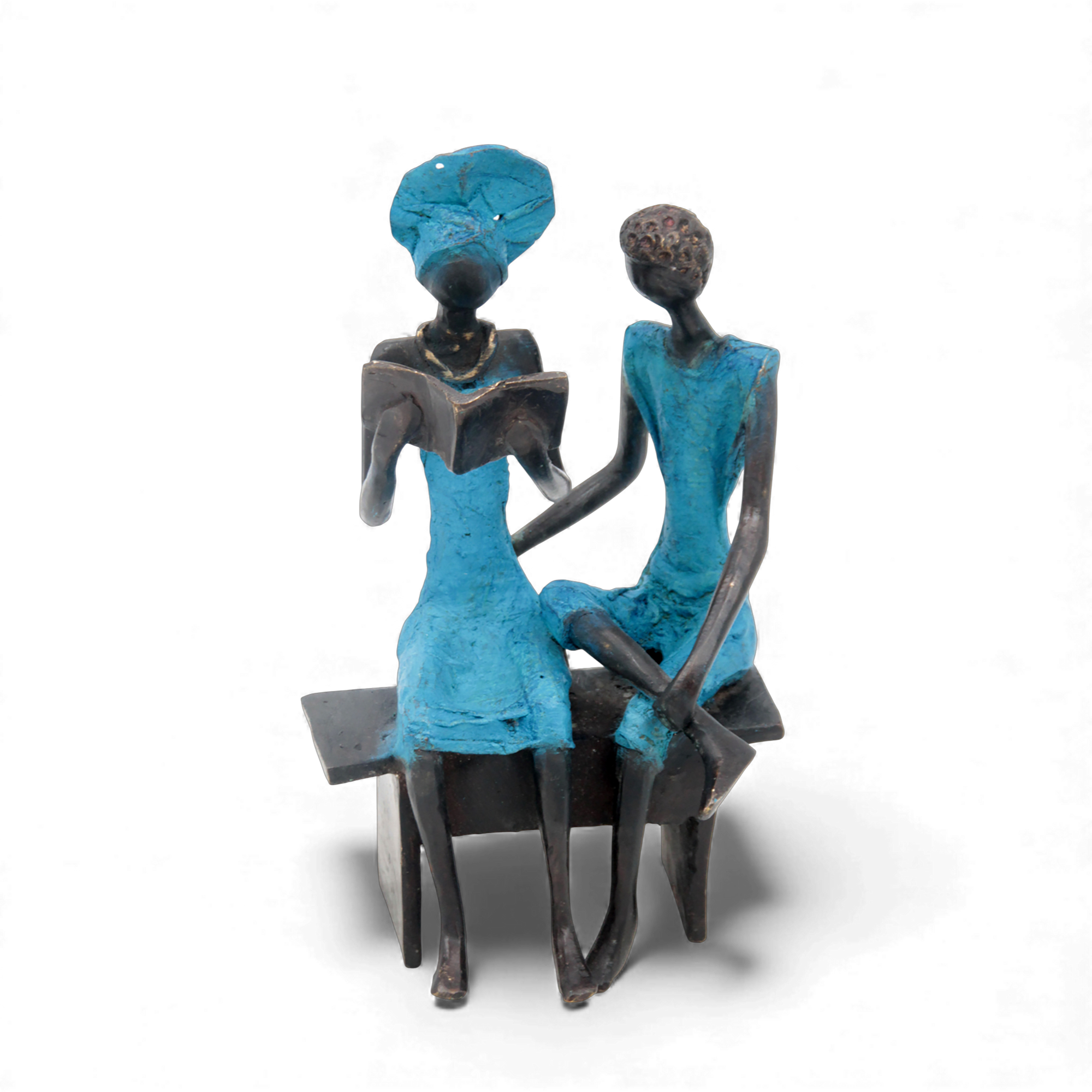 Bronze couple assis 20 cm bleu n°2 
