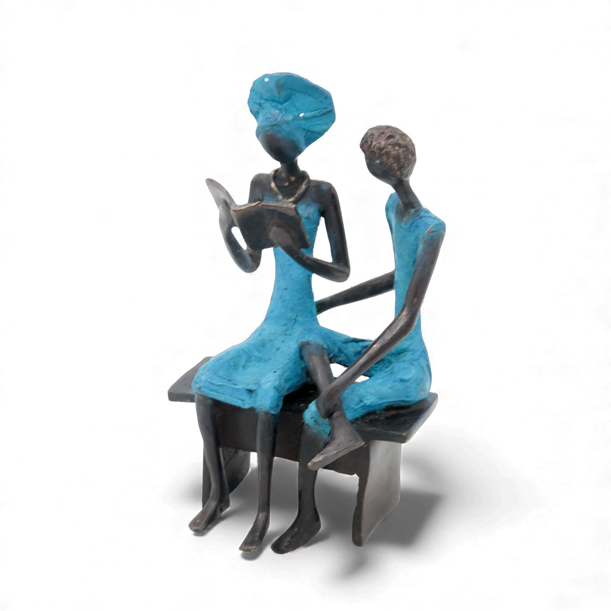 Bronze couple assis 20 cm bleu n°2 