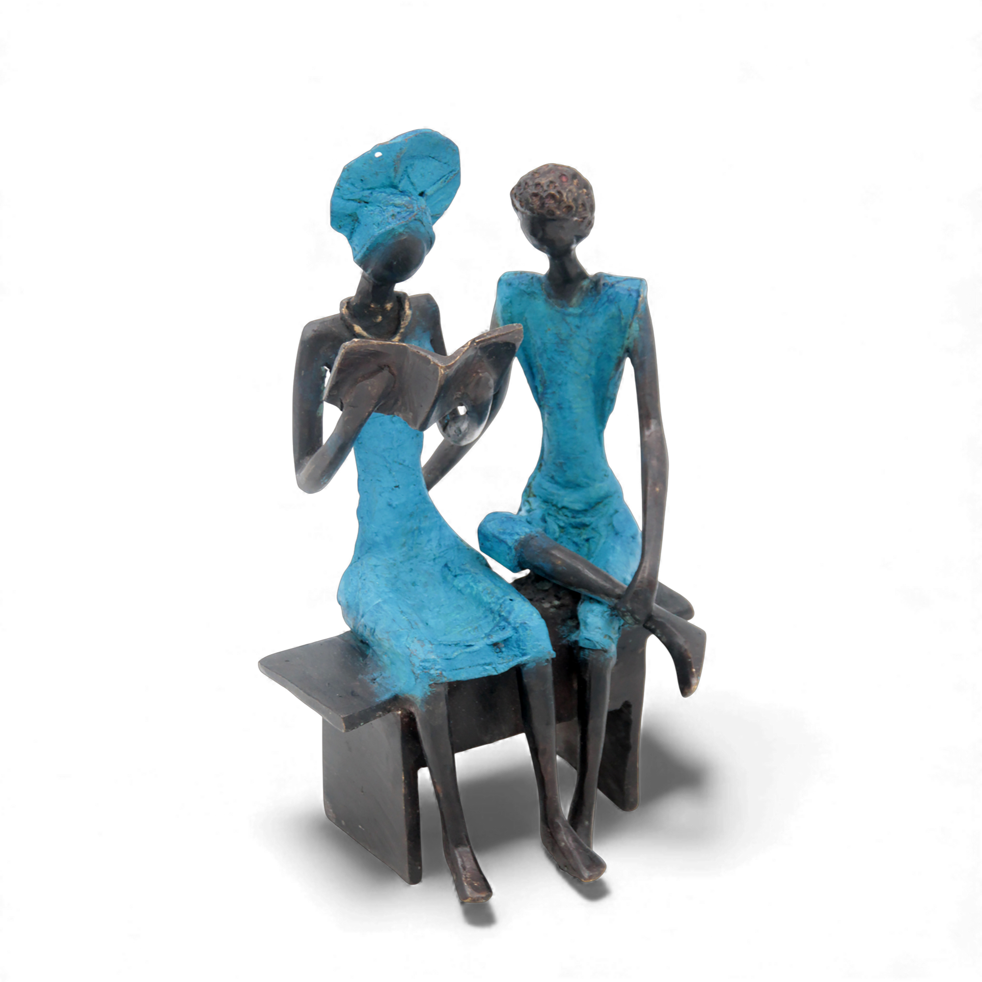 Bronze couple assis 20 cm bleu n°2 